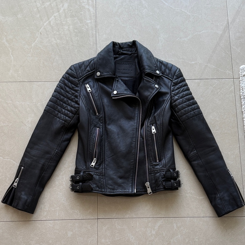 All Saints black biker leather jacket size 00 | fall capsule wardrobe